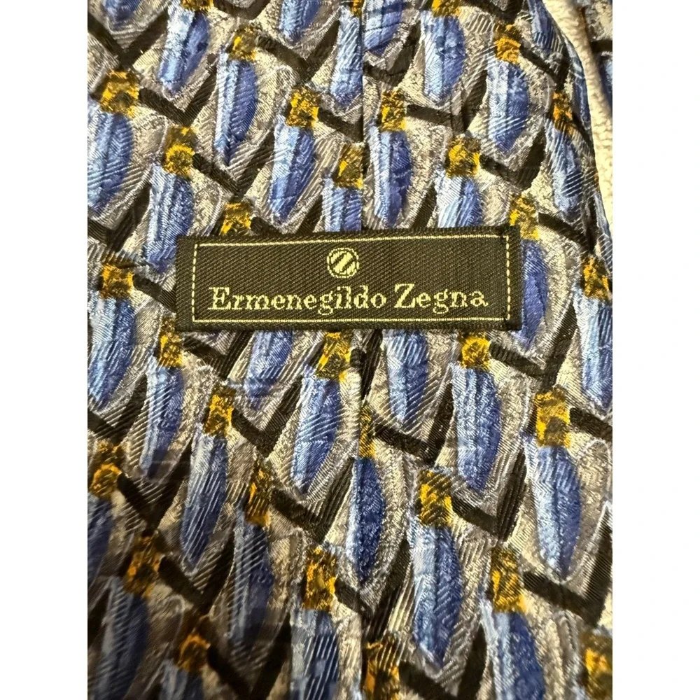 Ermenegildo Zegna Silk Tie Blue Grey Gold Geometric Abstract Made in Italy